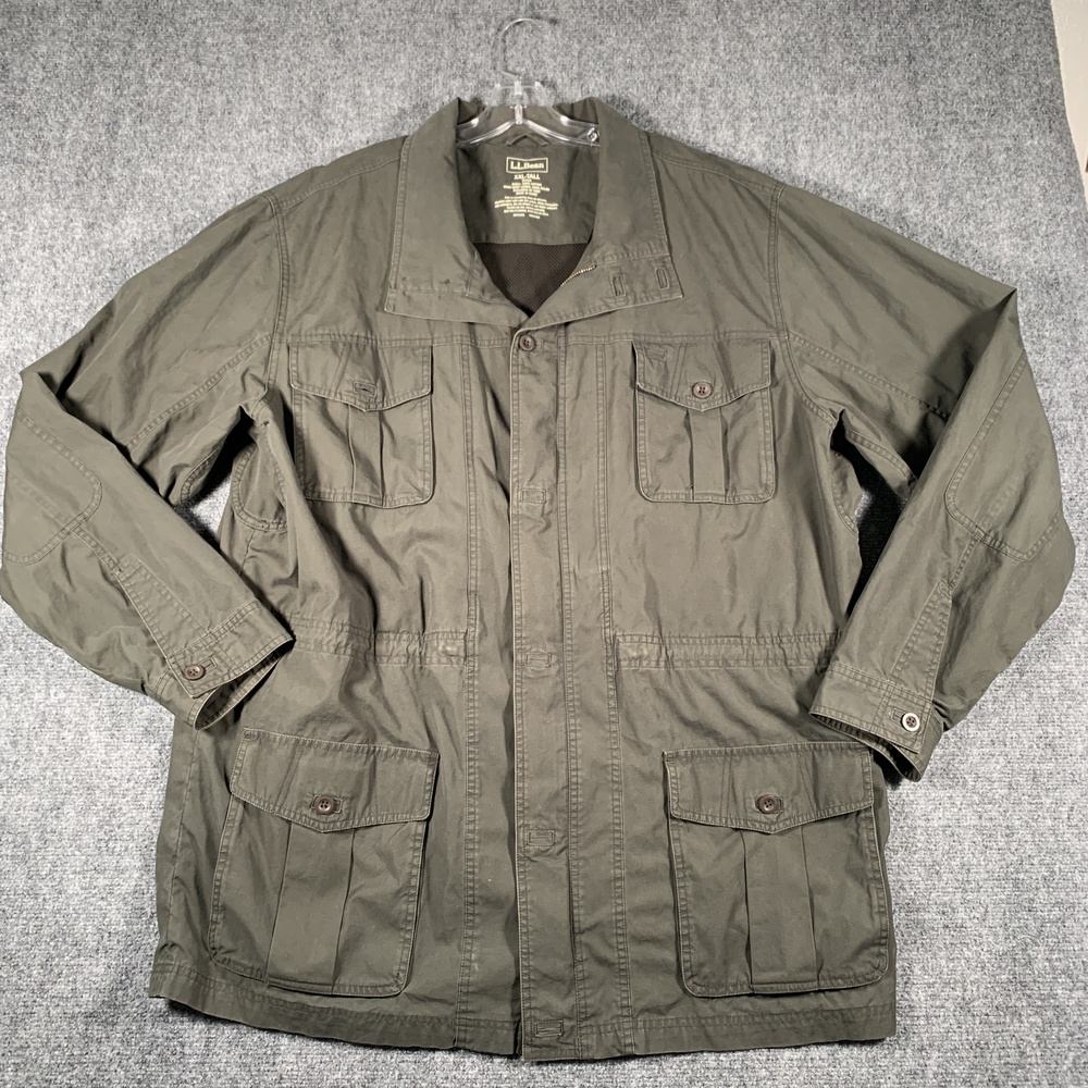 LL Bean Jacket Mens 2XLT Green Canvas Field Full Zip Utility Pockets Outdoor